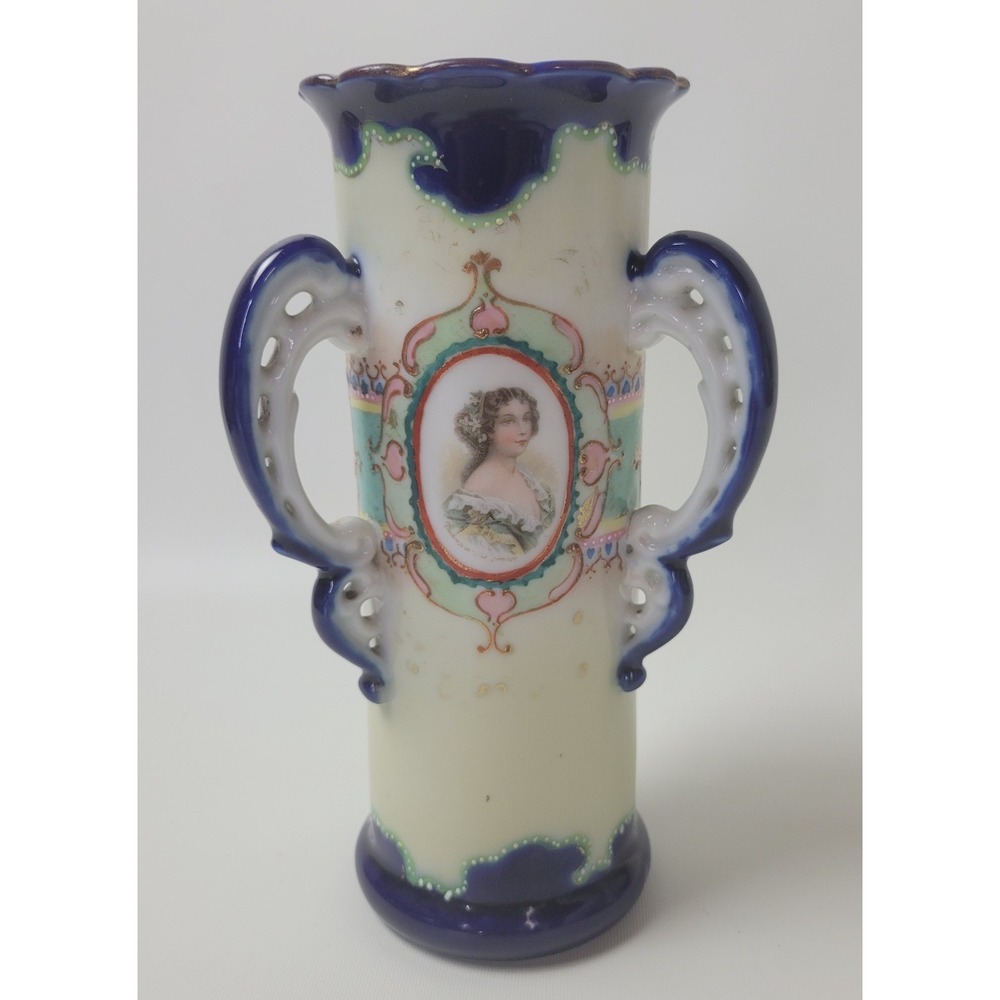 Antique NPSK Nippon 3 Handle Portrait Vase Cobalt Hand Painted Porcelain Japan